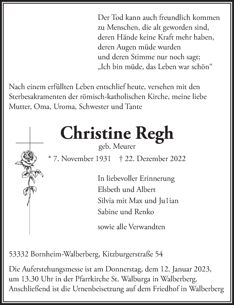  Traueranzeige für Christine Regh vom 29.12.2022 aus  Schlossbote/Werbekurier 