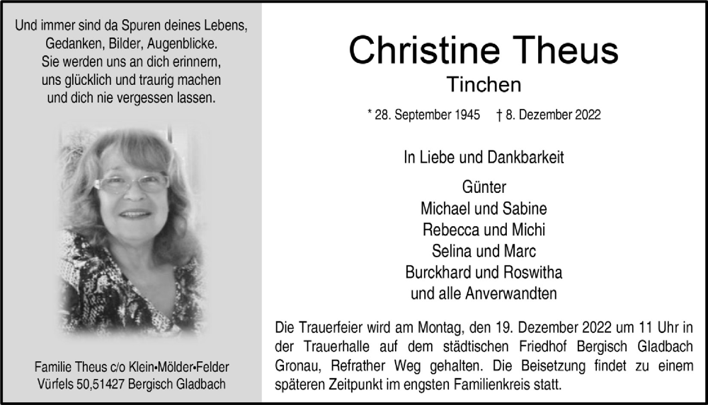  Traueranzeige für Christine Theus vom 16.12.2022 aus  Bergisches Handelsblatt 