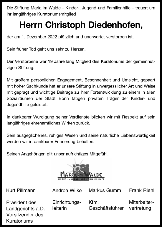 Anzeige von Christoph Diedenhofen von Kölner Stadt-Anzeiger / Kölnische Rundschau / Express
