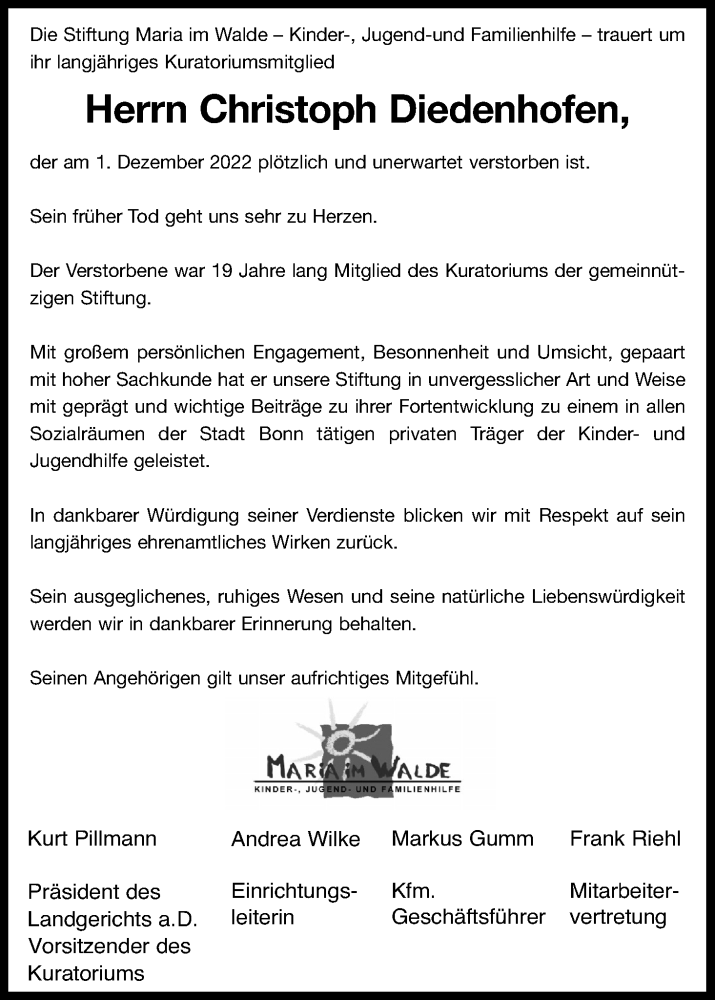  Traueranzeige für Christoph Diedenhofen vom 10.12.2022 aus Kölner Stadt-Anzeiger / Kölnische Rundschau / Express