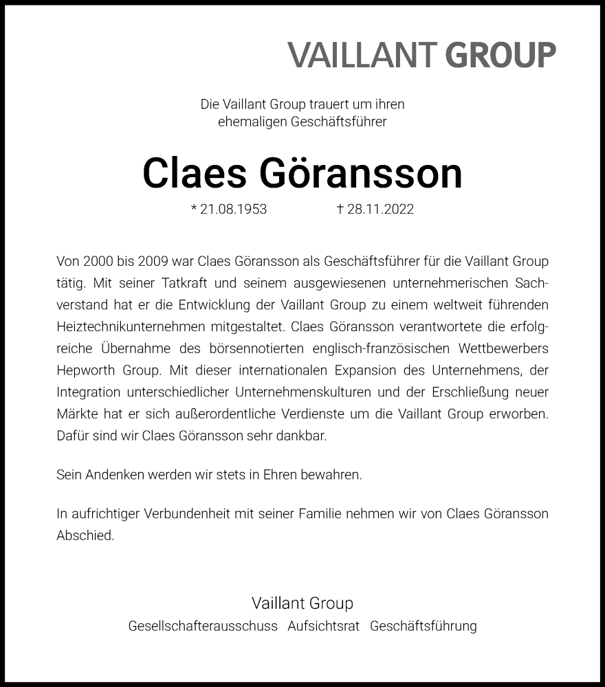  Traueranzeige für Claes Göransson vom 22.12.2022 aus Kölner Stadt-Anzeiger / Kölnische Rundschau / Express