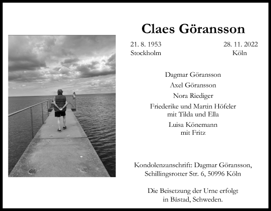 Anzeige von Claes Göransson von Kölner Stadt-Anzeiger / Kölnische Rundschau / Express