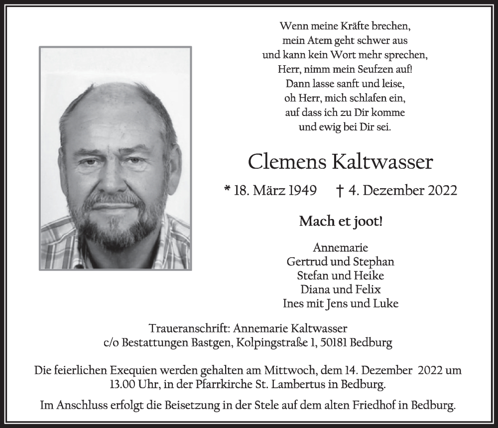  Traueranzeige für Clemens Kaltwasser vom 09.12.2022 aus  Werbepost 