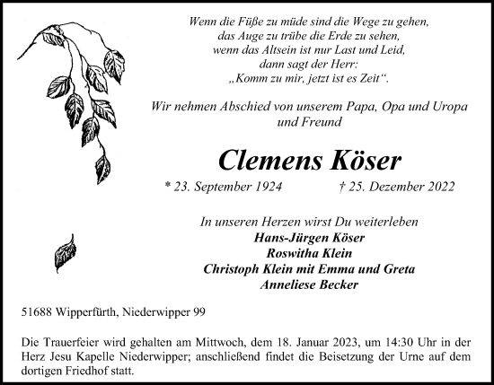 Anzeige von Clemens Köser von Kölner Stadt-Anzeiger / Kölnische Rundschau / Express