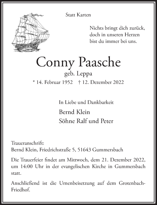 Anzeige von Conny Paasche von  Anzeigen Echo 
