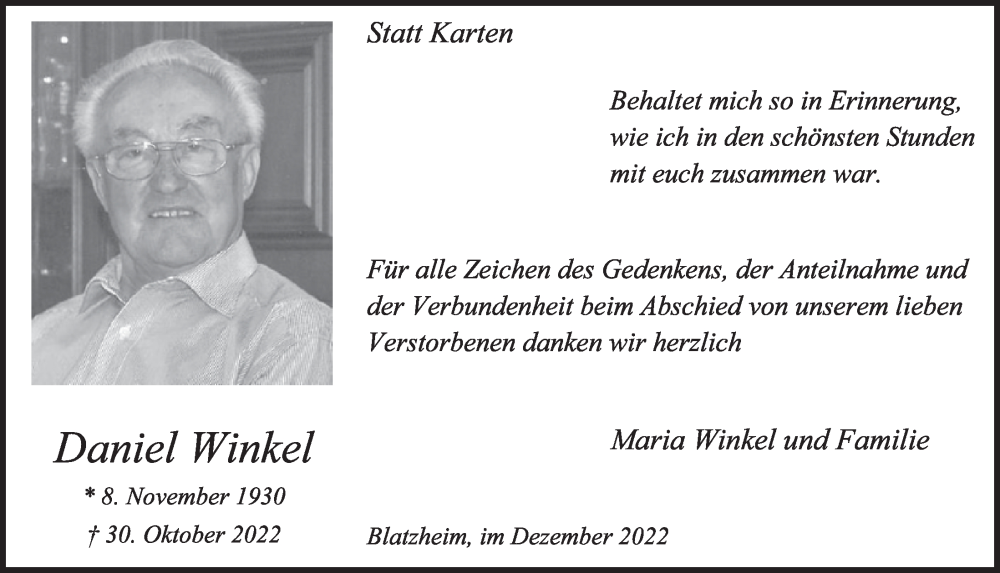  Traueranzeige für Daniel Winkel vom 02.12.2022 aus  Werbepost 