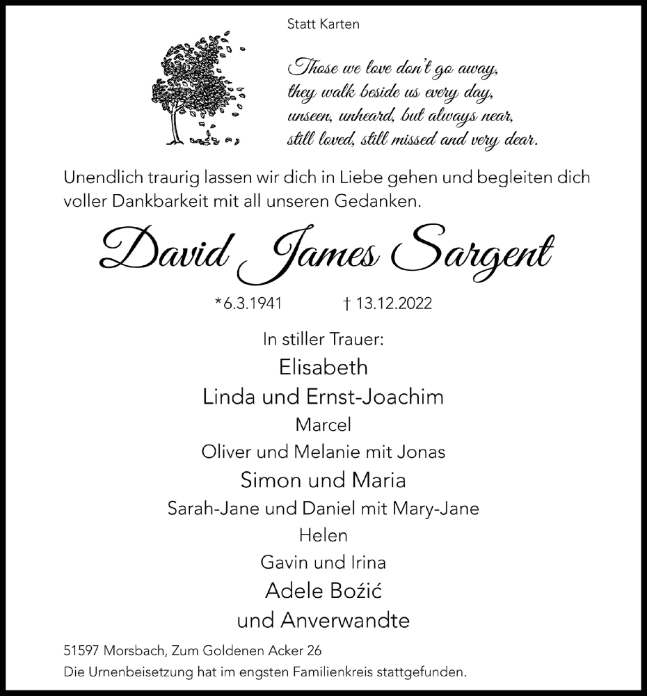  Traueranzeige für David James Sargent vom 22.12.2022 aus  Lokalanzeiger 