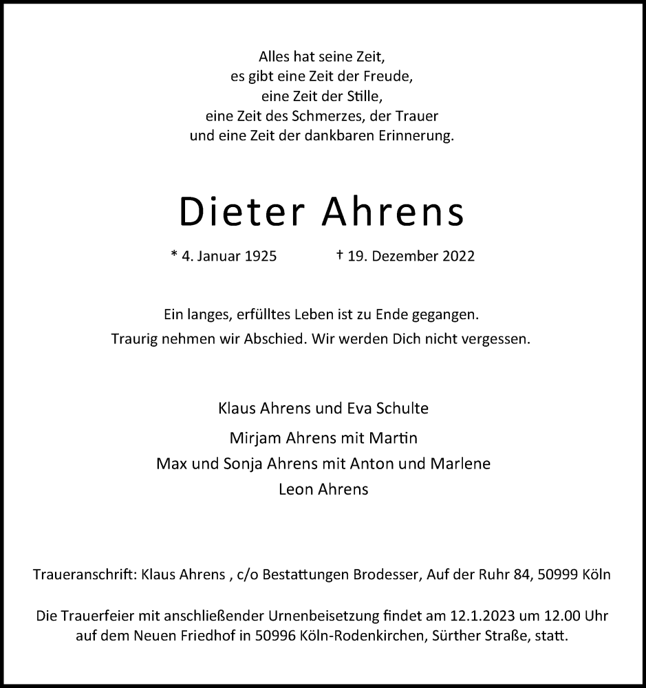  Traueranzeige für Dieter Ahrens vom 31.12.2022 aus Kölner Stadt-Anzeiger / Kölnische Rundschau / Express