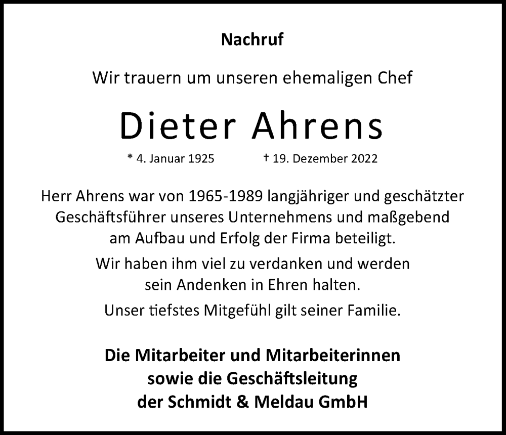  Traueranzeige für Dieter Ahrens vom 31.12.2022 aus Kölner Stadt-Anzeiger / Kölnische Rundschau / Express