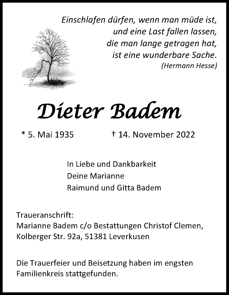  Traueranzeige für Dieter Badem vom 03.12.2022 aus Kölner Stadt-Anzeiger / Kölnische Rundschau / Express