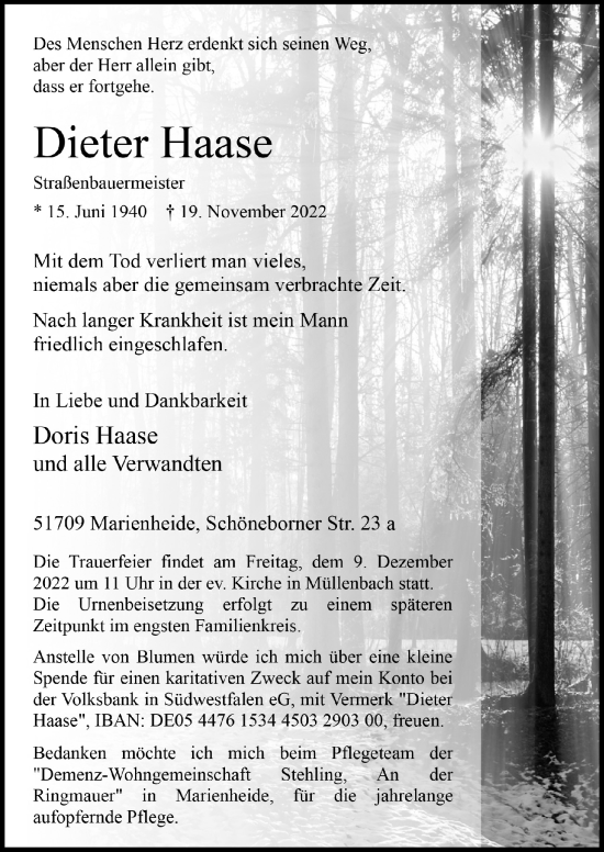 Anzeige von Dieter Haase von  Anzeigen Echo 