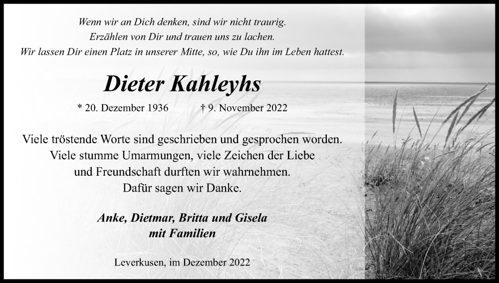  Traueranzeige für Dieter Kahleyhs vom 31.12.2022 aus Kölner Stadt-Anzeiger / Kölnische Rundschau / Express