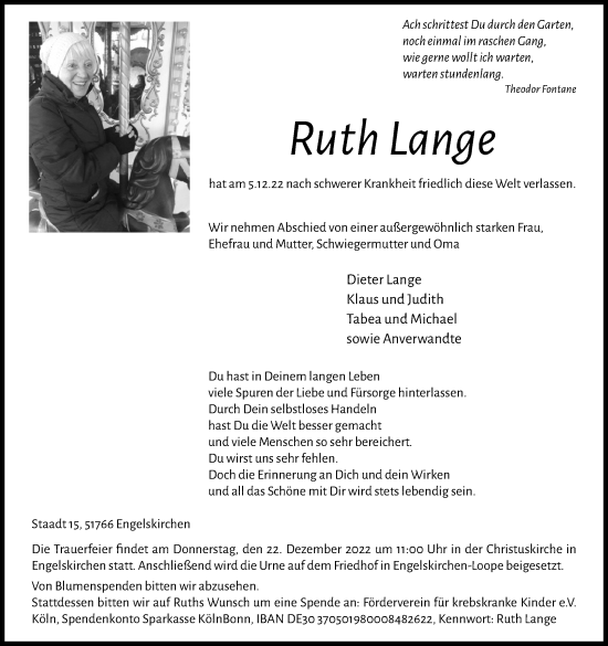 Anzeige von Ruth Lange von Kölner Stadt-Anzeiger / Kölnische Rundschau / Express