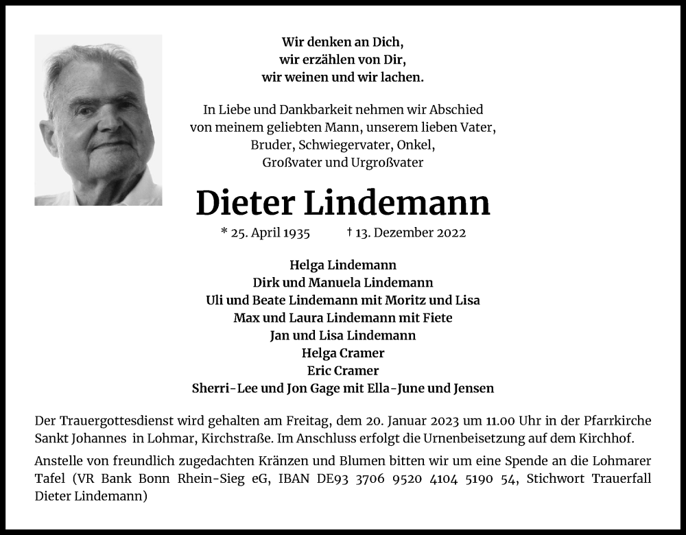 Traueranzeige für Dieter Lindemann vom 28.12.2022 aus Kölner Stadt-Anzeiger / Kölnische Rundschau / Express