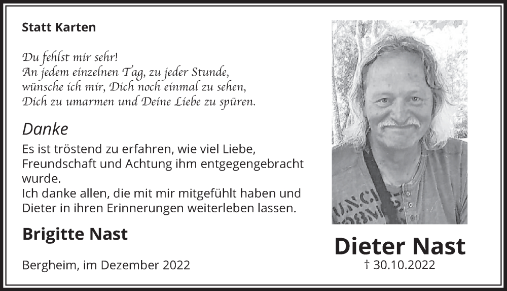  Traueranzeige für Dieter Nast vom 16.12.2022 aus  Werbepost 