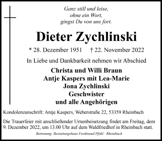 Anzeige von Dieter Zychlinski von  Schaufenster/Blickpunkt 