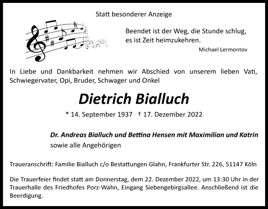 Anzeige von Dietrich Bialluch von Kölner Stadt-Anzeiger / Kölnische Rundschau / Express