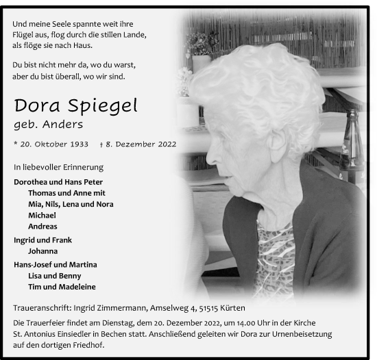 Anzeige von Dora Spiegel von Kölner Stadt-Anzeiger / Kölnische Rundschau / Express