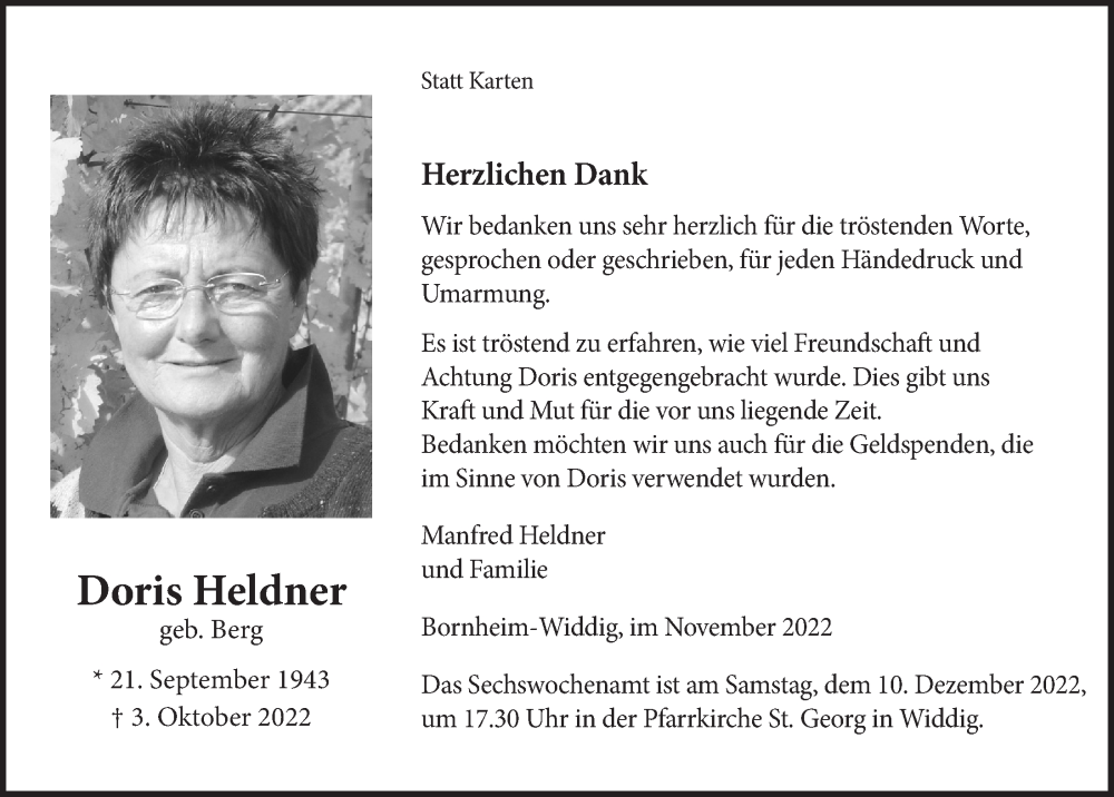  Traueranzeige für Doris Heldner vom 02.12.2022 aus  Schaufenster/Blickpunkt 