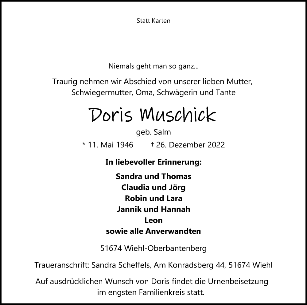  Traueranzeige für Doris Muschick vom 31.12.2022 aus Kölner Stadt-Anzeiger / Kölnische Rundschau / Express