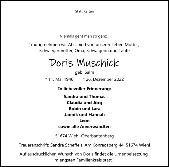 Anzeige von Doris Muschick von Kölner Stadt-Anzeiger / Kölnische Rundschau / Express