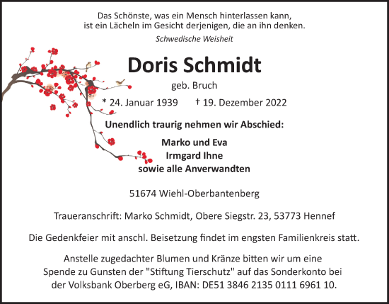 Anzeige von Doris Schmidt von Kölner Stadt-Anzeiger / Kölnische Rundschau / Express