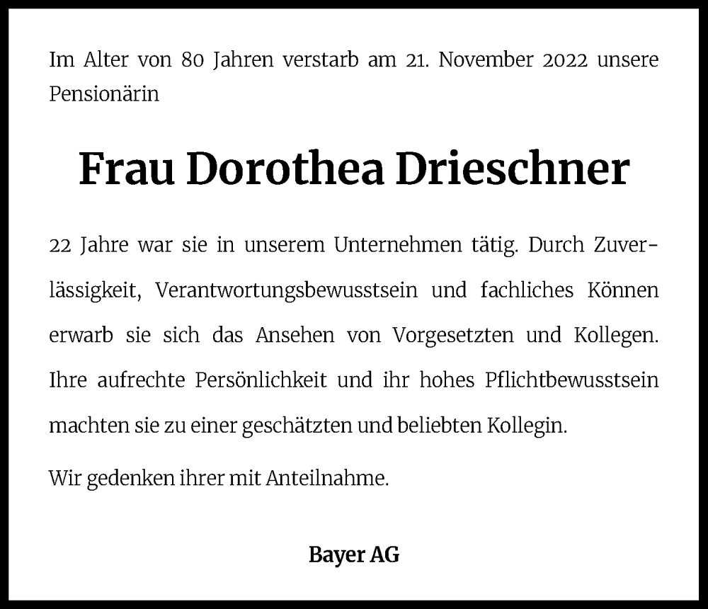  Traueranzeige für Dorothea Drieschner vom 05.12.2022 aus Kölner Stadt-Anzeiger / Kölnische Rundschau / Express
