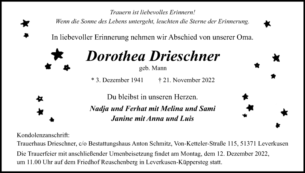  Traueranzeige für Dorothea Drieschner vom 03.12.2022 aus Kölner Stadt-Anzeiger / Kölnische Rundschau / Express