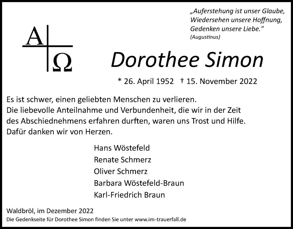  Traueranzeige für Dorothee Simon vom 17.12.2022 aus Kölner Stadt-Anzeiger / Kölnische Rundschau / Express
