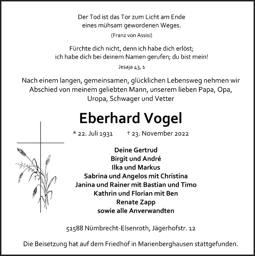  Traueranzeige für Eberhard Vogel vom 02.12.2022 aus  Lokalanzeiger 
