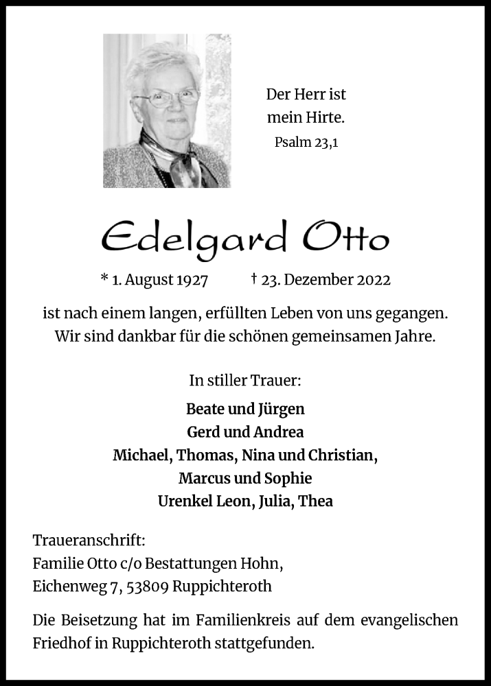  Traueranzeige für Edegard Otto vom 31.12.2022 aus Kölner Stadt-Anzeiger / Kölnische Rundschau / Express
