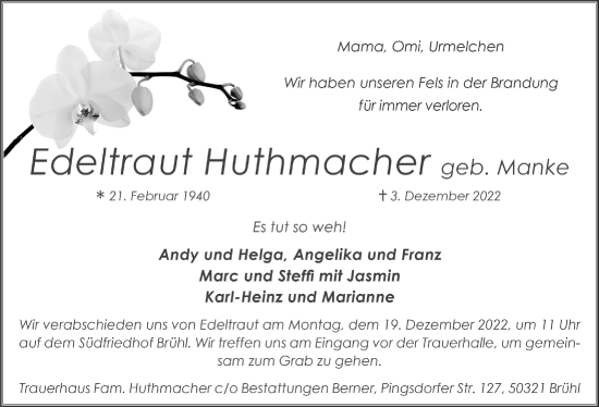 Anzeige von Edeltraut Huthmacher von  Schlossbote/Werbekurier 