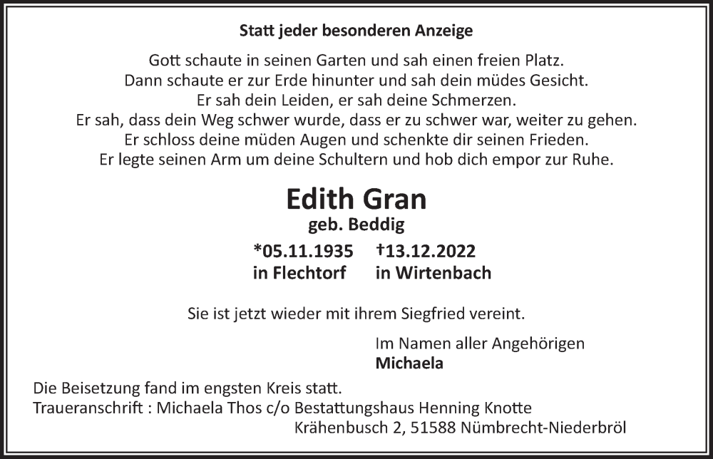  Traueranzeige für Edith Gran vom 22.12.2022 aus  Lokalanzeiger 
