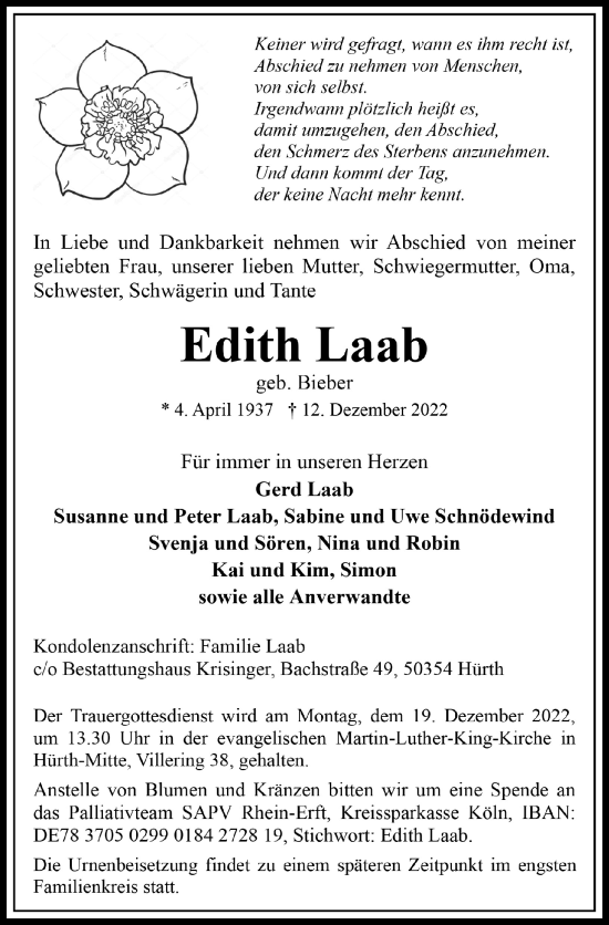 Anzeige von Edith Laab von  Wochenende 