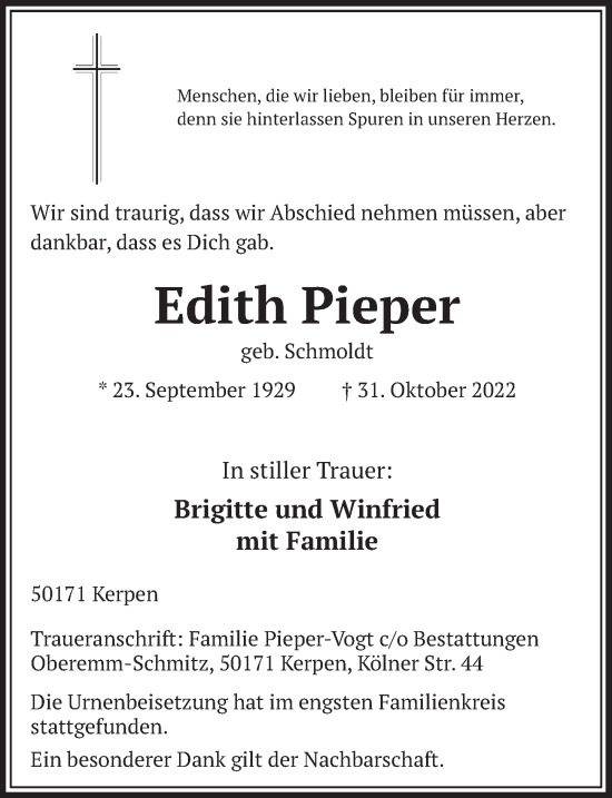 Anzeige von Edith Pieper von  Werbepost 