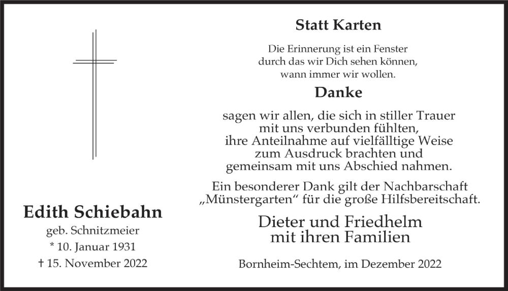  Traueranzeige für Edith Schiebahn vom 29.12.2022 aus  Schlossbote/Werbekurier 