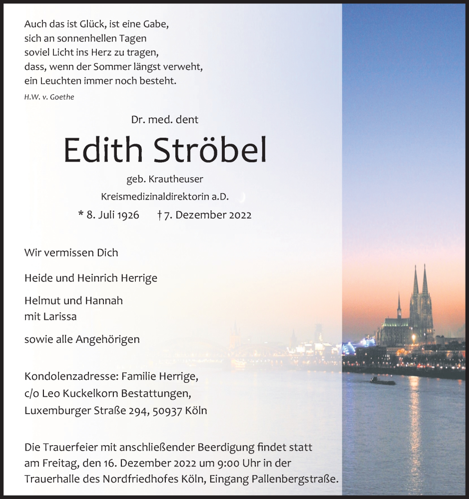  Traueranzeige für Edith Ströbel vom 10.12.2022 aus Kölner Stadt-Anzeiger / Kölnische Rundschau / Express