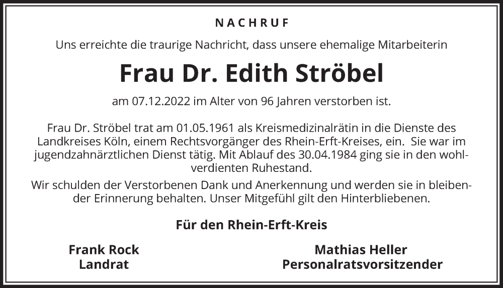  Traueranzeige für Edith Ströbel vom 29.12.2022 aus  Wochenende  Schlossbote/Werbekurier  Werbepost 