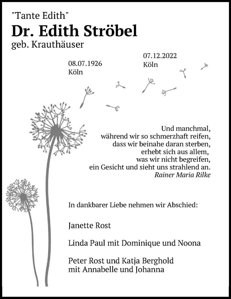  Traueranzeige für Edith Ströbel vom 10.12.2022 aus Kölner Stadt-Anzeiger / Kölnische Rundschau / Express