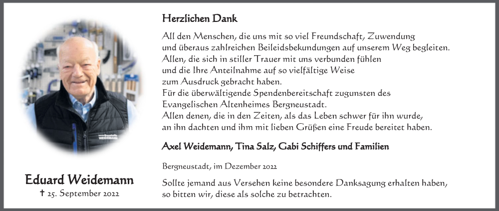  Traueranzeige für Eduard Weidemann vom 03.12.2022 aus Kölner Stadt-Anzeiger / Kölnische Rundschau / Express