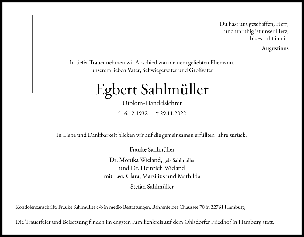  Traueranzeige für Egbert Sahlmüller vom 17.12.2022 aus Kölner Stadt-Anzeiger / Kölnische Rundschau / Express
