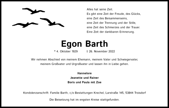 Anzeige von Egon Barth von Kölner Stadt-Anzeiger / Kölnische Rundschau / Express