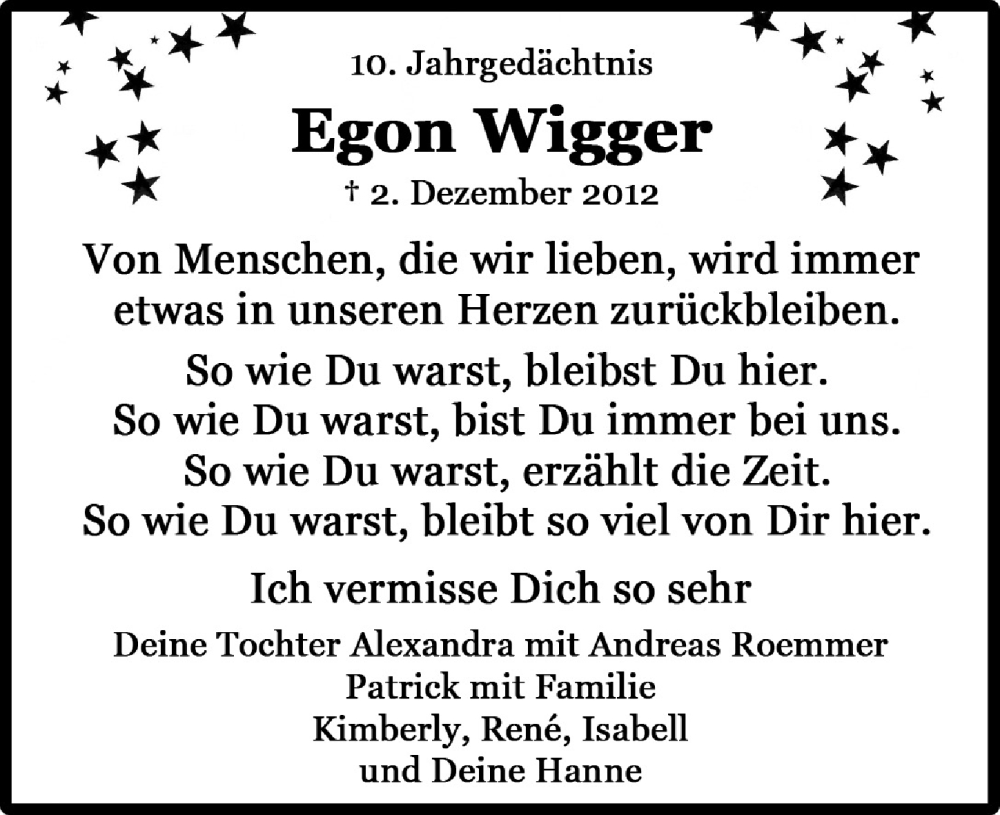  Traueranzeige für Egon Wigger vom 02.12.2022 aus  Anzeigen Echo 