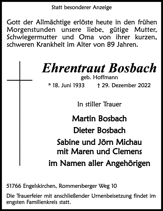 Anzeige von Ehrentraut Bosbach von Kölner Stadt-Anzeiger / Kölnische Rundschau / Express