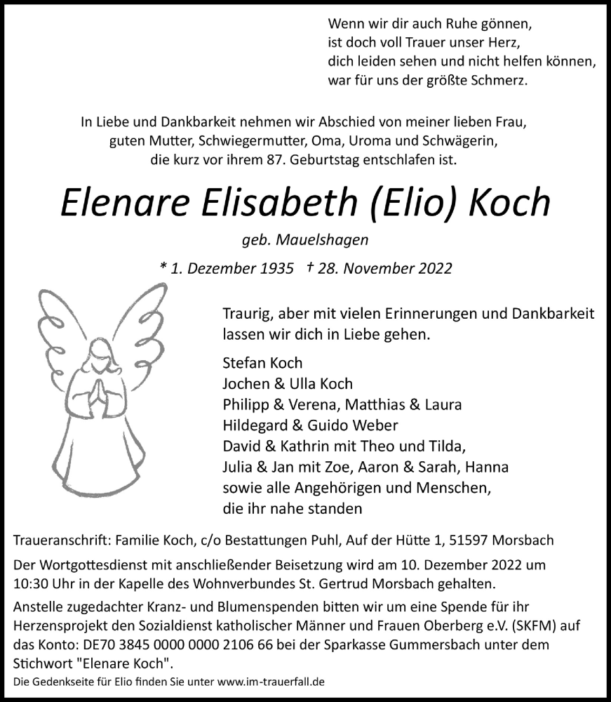  Traueranzeige für Elenare Elisabeth Koch vom 02.12.2022 aus  Lokalanzeiger 