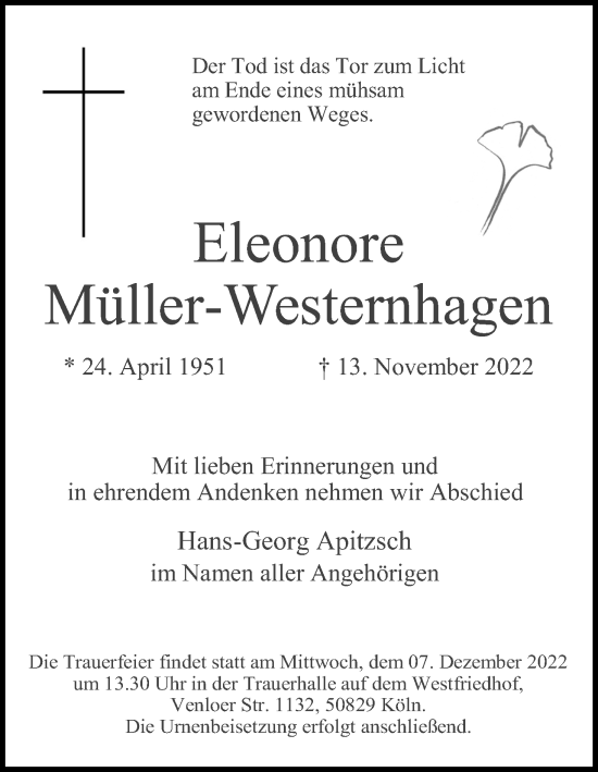 Anzeige von Eleonore Müller-Westernhagen von Kölner Stadt-Anzeiger / Kölnische Rundschau / Express