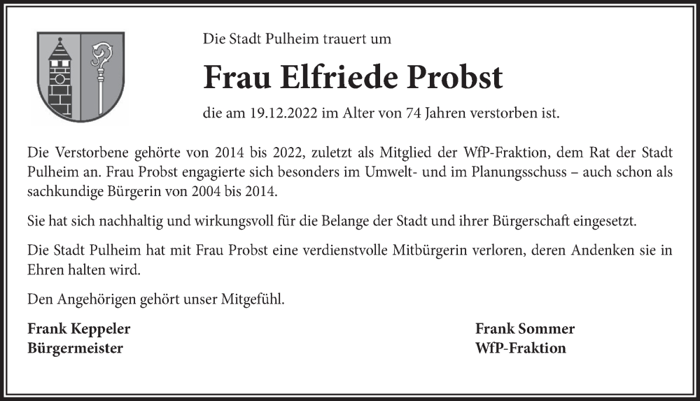  Traueranzeige für Elfriede Probst vom 29.12.2022 aus  Wochenende 