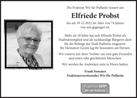 Anzeige von Elfriede Probst von  Wochenende 