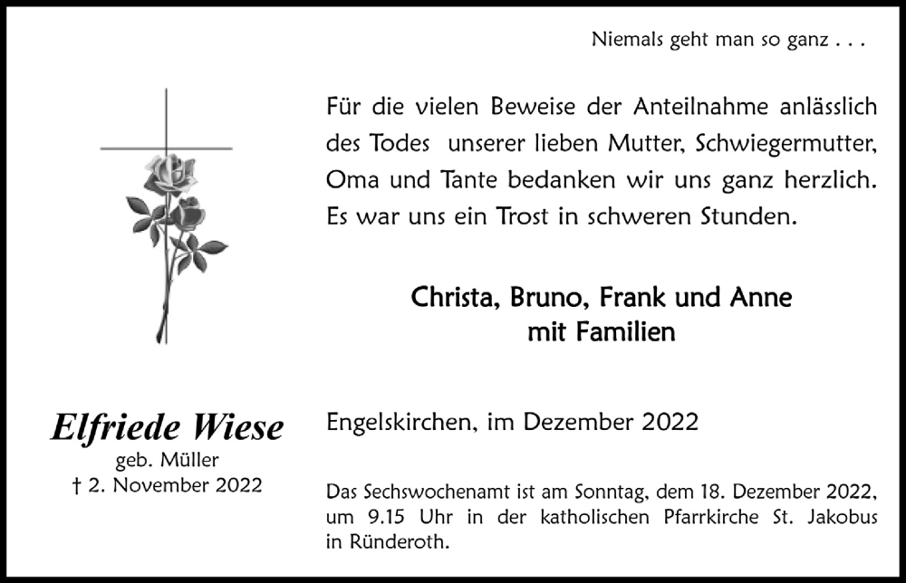  Traueranzeige für Elfriede Wiese vom 09.12.2022 aus  Anzeigen Echo 