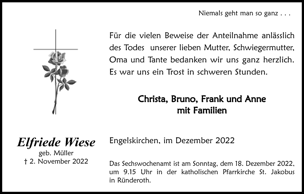  Traueranzeige für Elfriede Wiese vom 10.12.2022 aus Kölner Stadt-Anzeiger / Kölnische Rundschau / Express